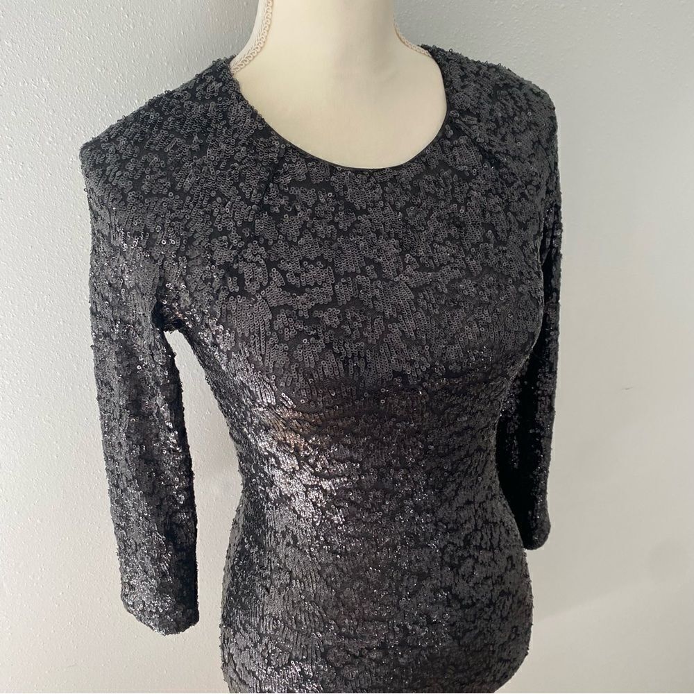 Alice + Olivia Black Sequin Bodycon Stretchy Mini Cocktail Dress - Picture 4 of 8